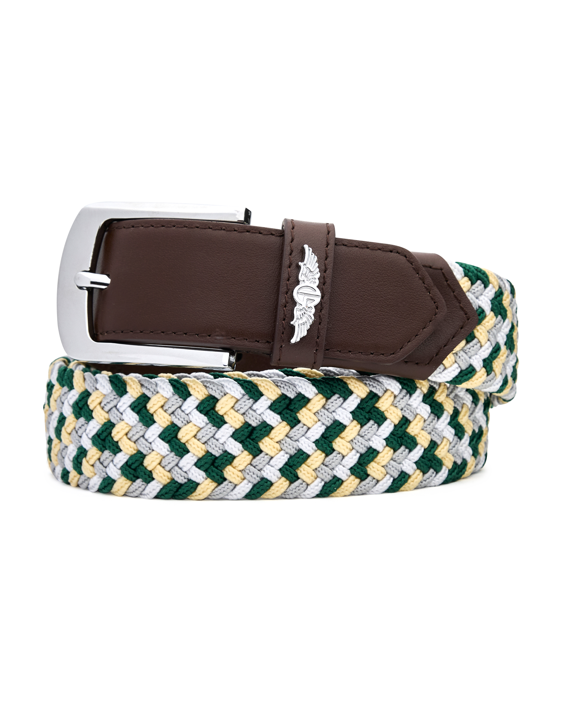 Brown leather belt with a silver buckle and a decorative wing emblem over a green, yellow, and white braided web strap