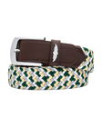 Brown leather belt with a silver buckle and a decorative wing emblem over a green, yellow, and white braided web strap