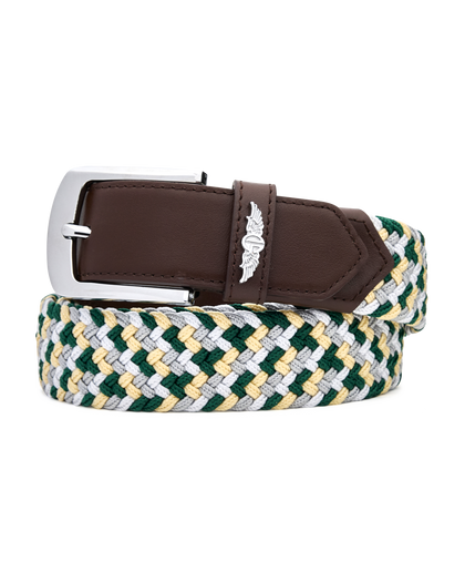 Brown leather belt with a silver buckle and a decorative wing emblem over a green, yellow, and white braided web strap
