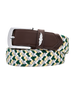 Brown leather belt with a silver buckle and a decorative wing emblem over a green, yellow, and white braided web strap