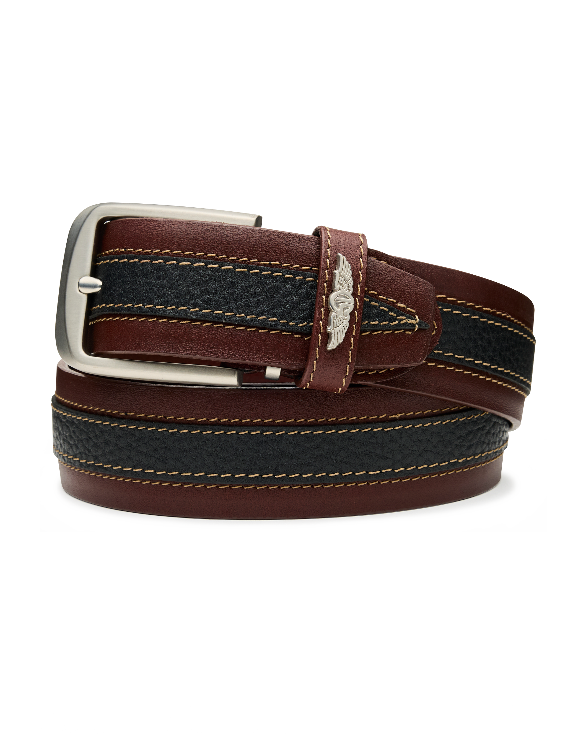 Men's Wrangler Leather Belt in Brown, coiled product view featuring a brown and black pebbled leather belt with contrast tan stitching, a silver rectangular buckle, and the Straight Down logo keeper