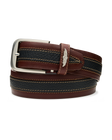 Men's Wrangler Leather Belt in Brown, coiled product view featuring a brown and black pebbled leather belt with contrast tan stitching, a silver rectangular buckle, and the Straight Down logo keeper