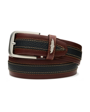Men's Wrangler Leather Belt in Brown, coiled product view featuring a brown and black pebbled leather belt with contrast tan stitching, a silver rectangular buckle, and the Straight Down logo keeper