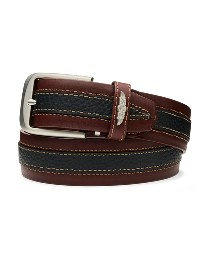 Men's Wrangler Leather Belt in Brown, coiled product view featuring a brown and black pebbled leather belt with contrast tan stitching, a silver rectangular buckle, and the Straight Down logo keeper
