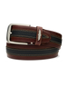 Men's Wrangler Leather Belt in Brown, coiled product view featuring a brown and black pebbled leather belt with contrast tan stitching, a silver rectangular buckle, and the Straight Down logo keeper