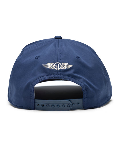 Bear Country Rope Hat in New Indigo, back view featuring a navy structured cap with Straight Down logo embroidered in white at the center and a snapback adjustable closure