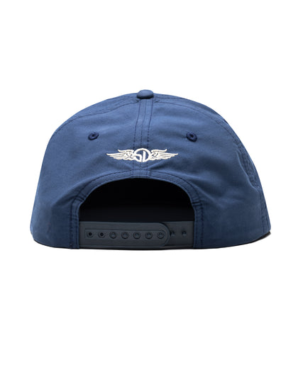 Bear Country Rope Hat in New Indigo, back view featuring Straight Down logo embroidered in cream on the upper back panel with a snapback closure
