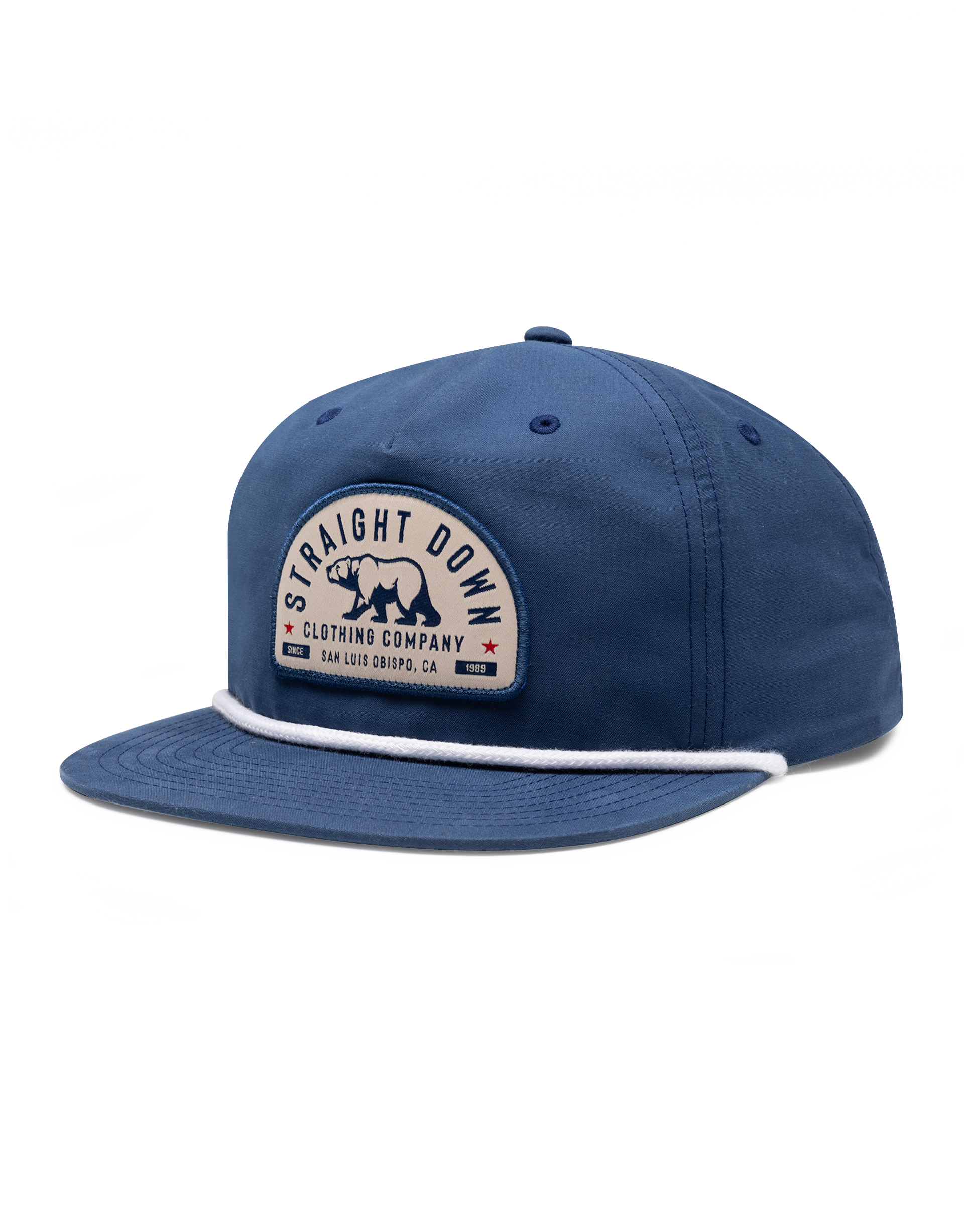Bear Country Rope Hat in New Indigo, side view featuring a cream and navy arched Straight Down Clothing Company bear patch on the front panel with a white rope detail along the brim