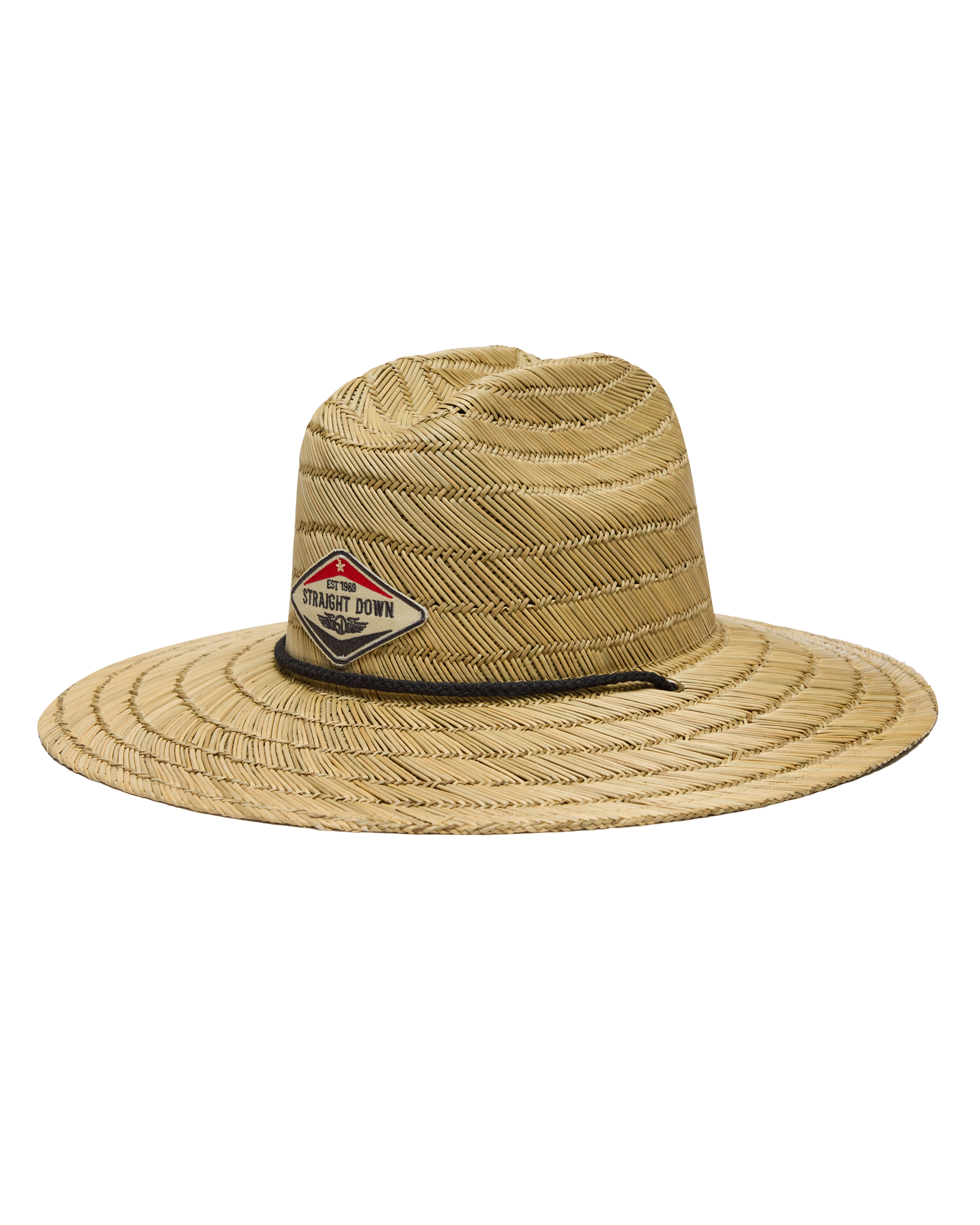 Wide-brim brown straw golf hat with Straight Down logo patch and braided hatband.