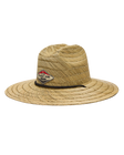 Wide-brim brown straw golf hat with Straight Down logo patch and braided hatband.