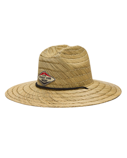 Wide-brim brown straw golf hat with Straight Down logo patch and braided hatband.