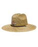 Wide-brim brown straw golf hat with Straight Down logo patch and braided hatband.