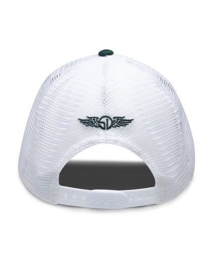 Freedom Hat in Green, back view featuring a white mesh trucker cap back with Straight Down logo embroidered at the center and a snapback adjustable closure