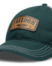 Freedom Hat in Green, close-up front detail view featuring a leather patch reading "Freedom" with the Straight Down logo and star accents on the forest green front panel with white contrast stitching on the brim
