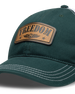Freedom Hat in Green, close-up front view featuring a tan leather patch reading "Freedom" with the Straight Down logo and star accents, white contrast stitching detail on the green structured brim