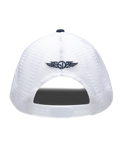 Freedom Hat in Navy, rear view featuring a white mesh trucker cap with a white snapback closure and navy embroidered Straight Down logo centered on the back panel