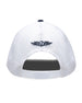 Freedom Hat in Navy, rear view featuring a white mesh trucker cap with a white snapback closure and navy embroidered Straight Down logo centered on the back panel