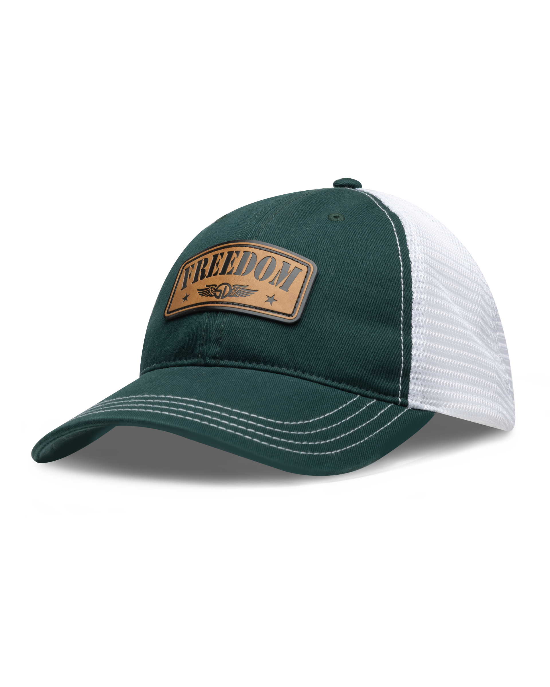 Freedom Hat in Green, side view featuring a forest green and white mesh trucker hat with a leather 