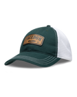 Freedom Hat in Green, side view featuring a forest green and white mesh trucker hat with a leather "Freedom" and Straight Down logo patch on the front panel with white contrast stitching