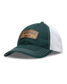 Freedom Hat in Green, side view featuring a forest green and white mesh trucker hat with a leather "Freedom" and Straight Down logo patch on the front panel with white contrast stitching
