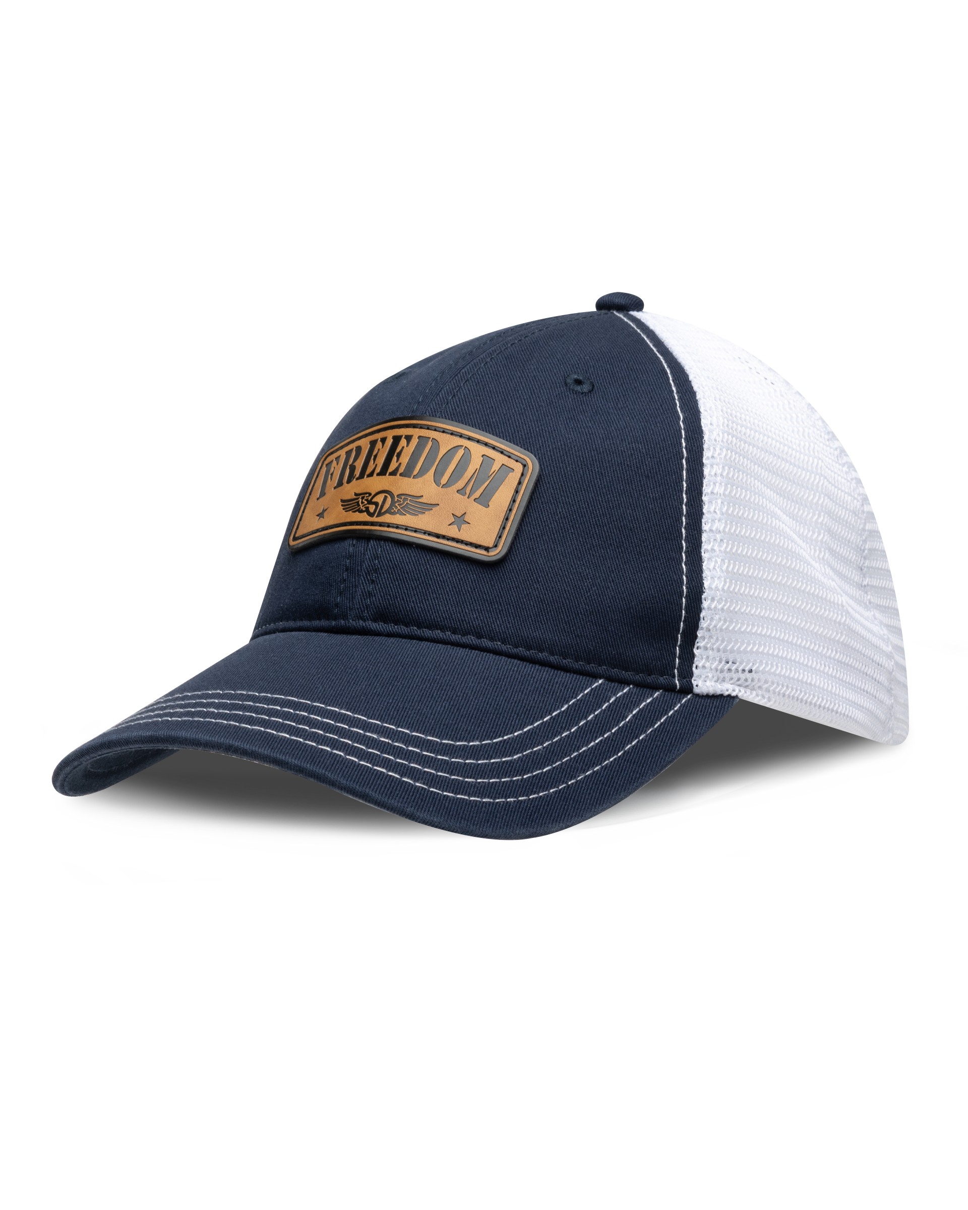Freedom Hat in Navy, side view featuring a navy and white mesh trucker hat with a leather 