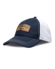 Freedom Hat in Navy, side view featuring a navy and white mesh trucker hat with a leather "Freedom" and Straight Down logo patch on the front panel with white contrast stitching