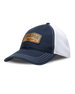 Freedom Hat in Navy, side view featuring a navy and white mesh trucker hat with a leather "Freedom" and Straight Down logo patch on the front panel with white contrast stitching
