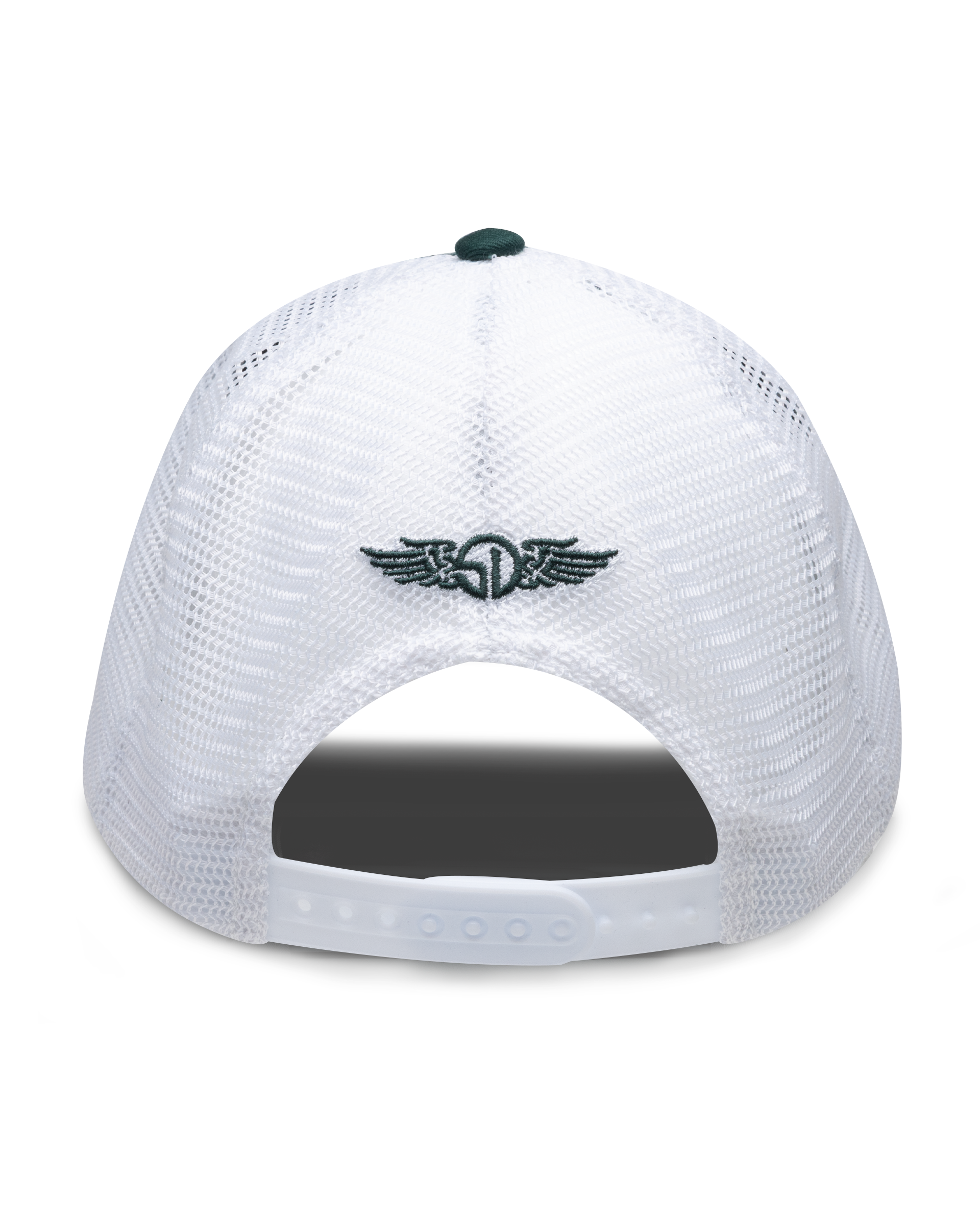 Freedom Hat in Green, rear view featuring a white mesh trucker cap with a white snapback closure and green embroidered Straight Down logo centered on the back panel