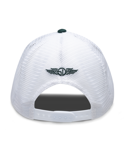 Freedom Hat in Green, rear view featuring a white mesh trucker cap with a white snapback closure and green embroidered Straight Down logo centered on the back panel