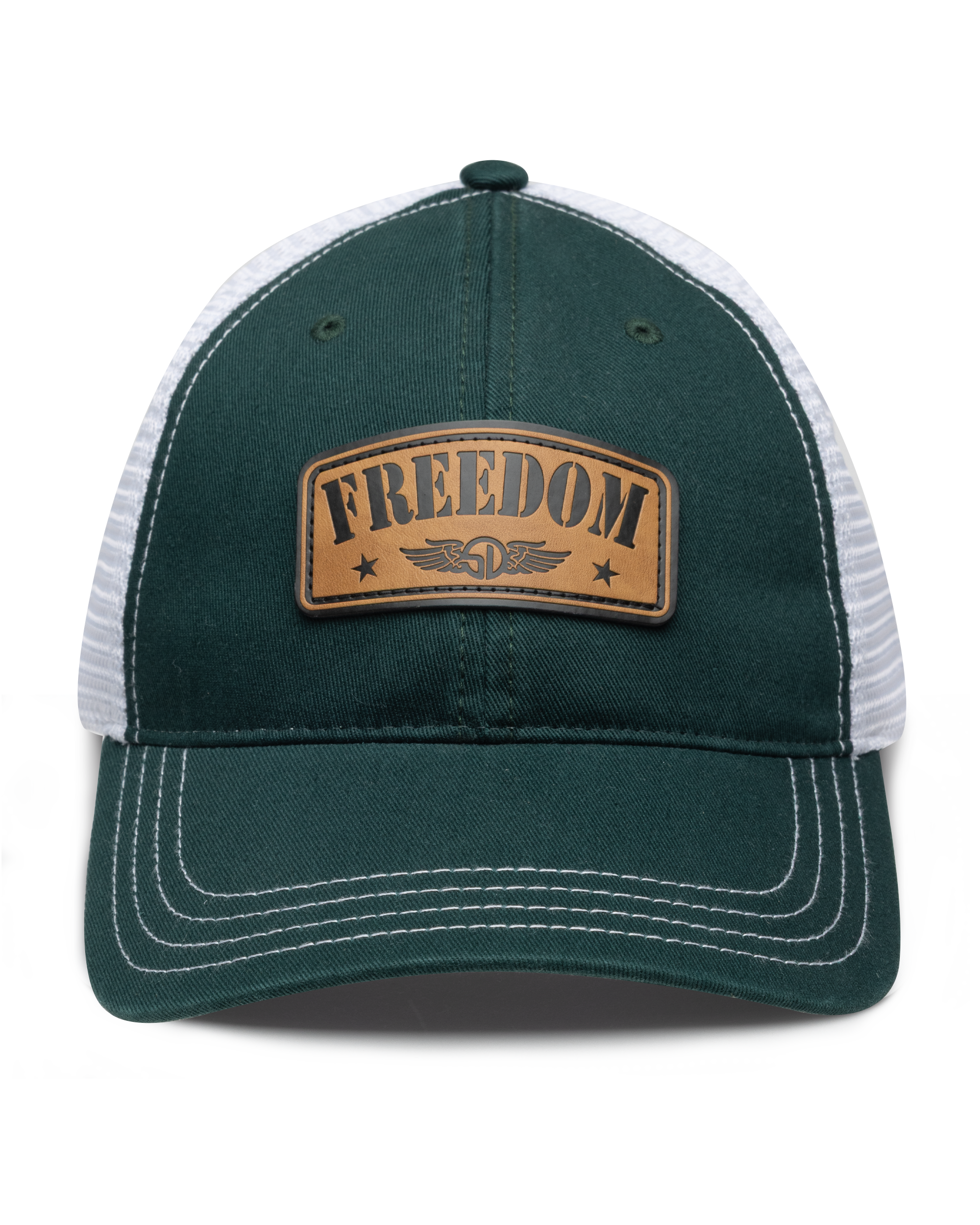 Freedom Hat in Green, front view featuring a green structured trucker cap with white mesh back panels, white contrast stitching on the brim, and a tan leather patch reading 