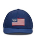 Republic Hat in New Indigo, front view featuring a navy structured performance cap with a red, white, and blue American flag rubber patch and Straight Down logo on the front panel, with perforated side panels
