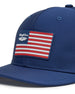 Republic Hat in New Indigo, close-up front detail view featuring a red, white, and blue American flag rubber patch with Straight Down script logo and winged logo on the navy front panel