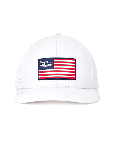 Republic Hat in White, front view featuring a white structured performance cap with a red, white, and navy American flag rubber patch and Straight Down logo on the front panel, with perforated side panels
