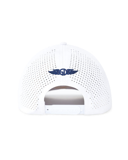 Republic Hat in White, back view featuring a white perforated performance cap with Straight Down logo embroidered in navy at the center and a snapback adjustable closure