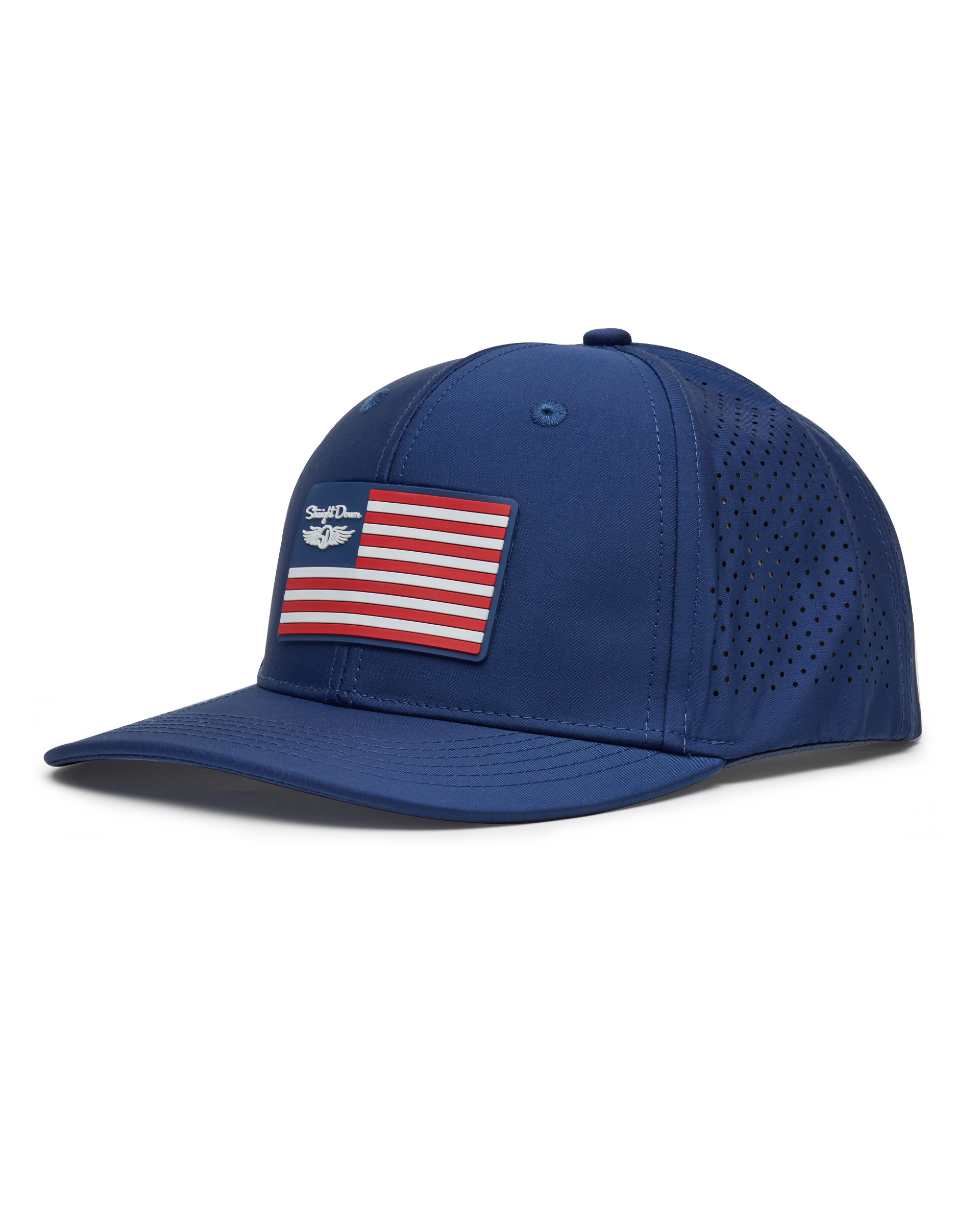 Republic Hat in Navy, side view featuring a Straight Down American flag rubber patch on a navy perforated hat with a structured brim