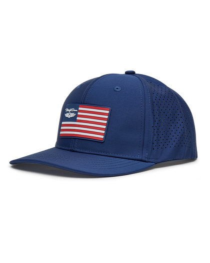 Republic Hat in Navy, side view featuring a Straight Down American flag rubber patch on a navy perforated hat with a structured brim