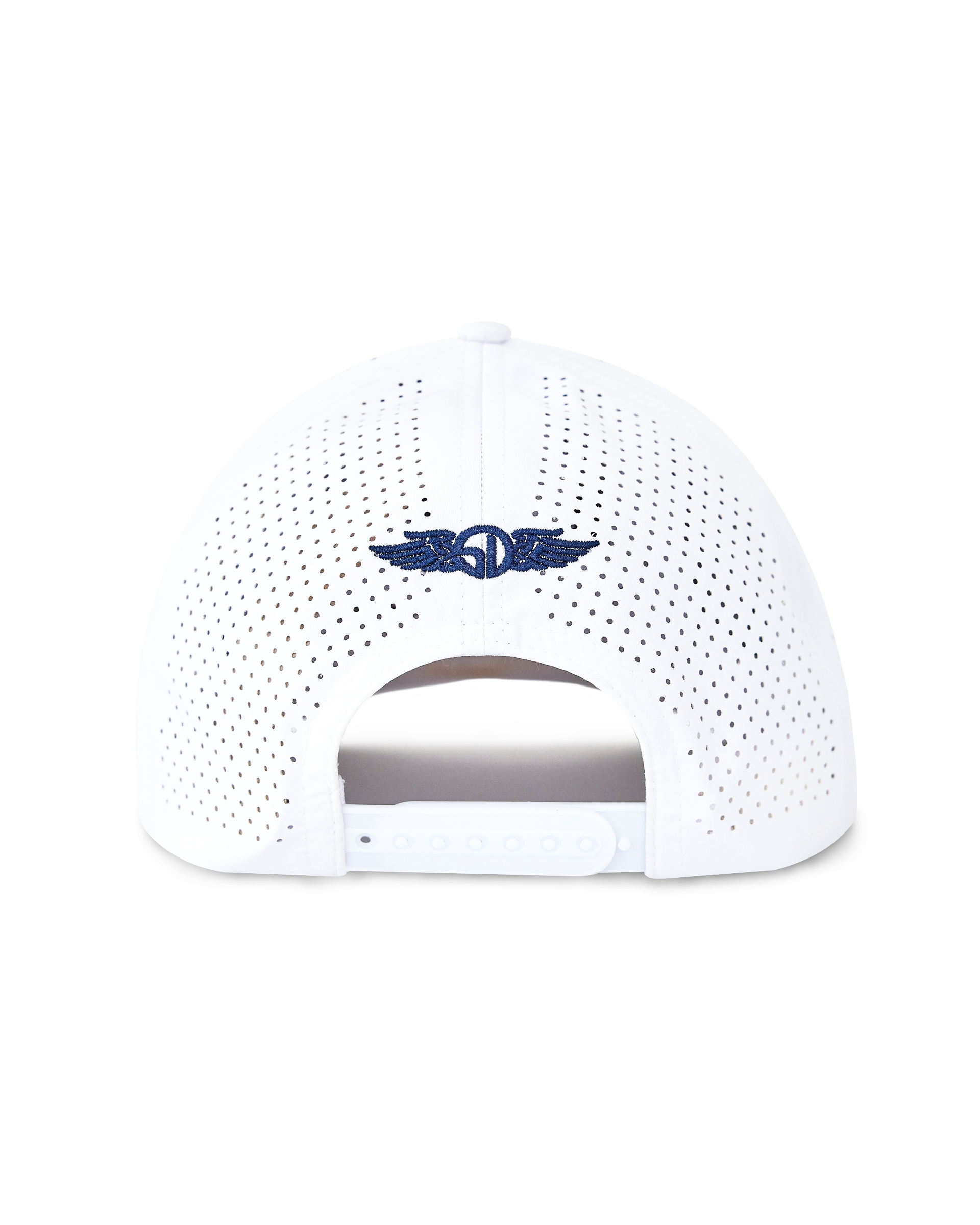 Republic Hat in White, back view featuring a white perforated performance cap with Straight Down logo embroidered in navy at the center and a snapback adjustable closure