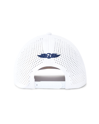 Republic Hat in White, back view featuring a white perforated performance cap with Straight Down logo embroidered in navy at the center and a snapback adjustable closure