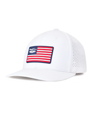 Republic Hat in White, side view featuring a Straight Down American flag rubber patch on a white perforated hat with a structured brim