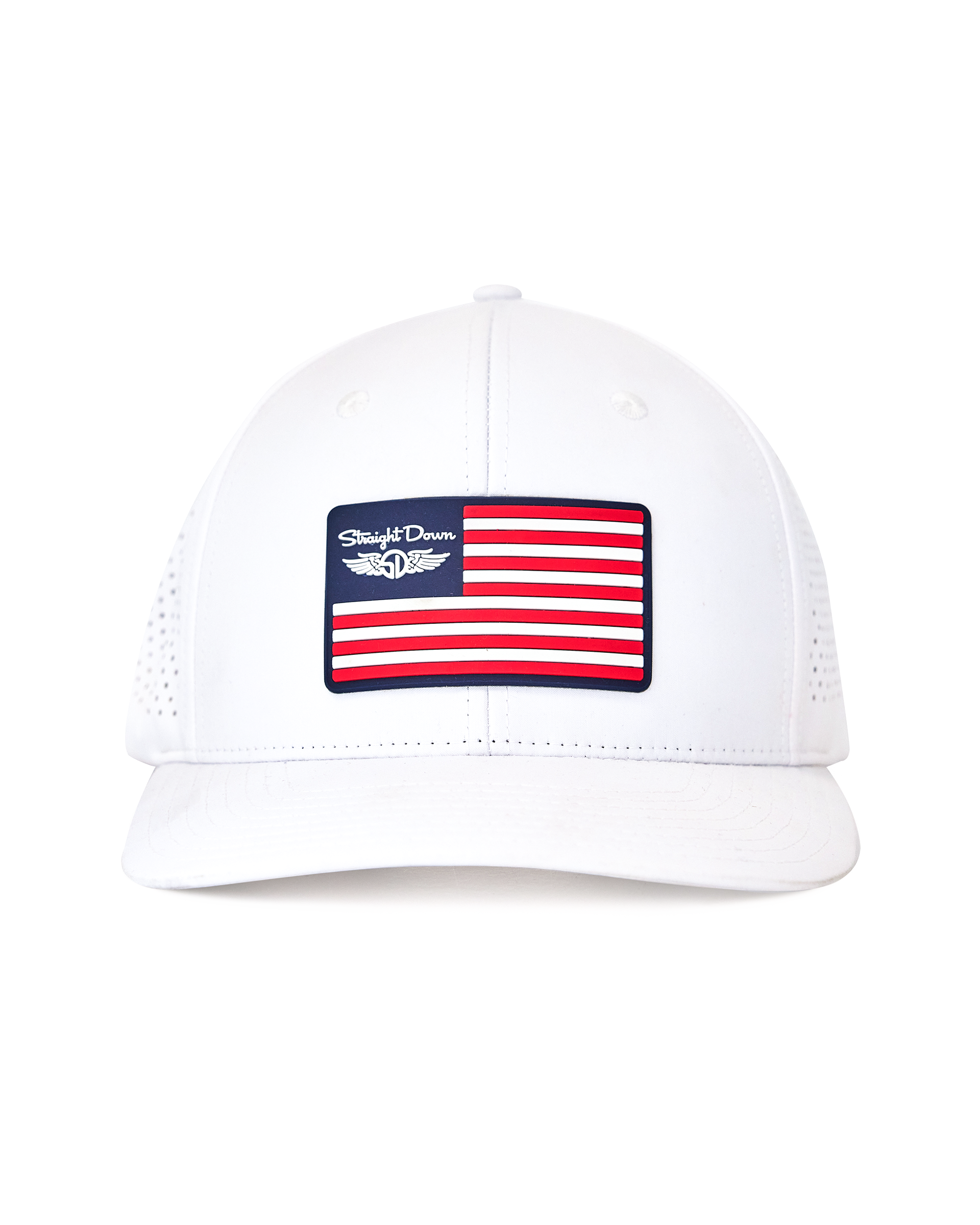 Republic Hat in White, front view featuring a white structured performance cap with a red, white, and navy American flag rubber patch and Straight Down logo on the front panel, with perforated side panels
