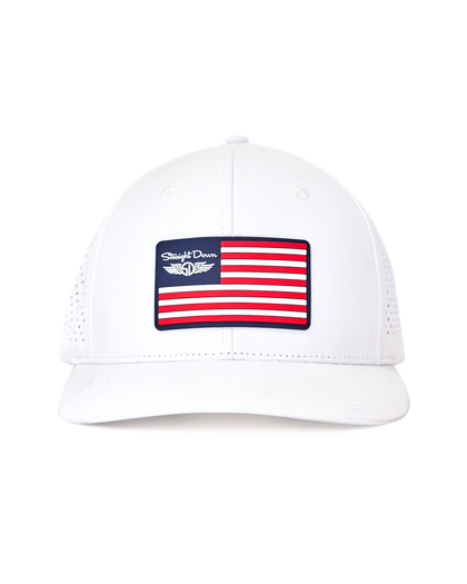 Republic Hat in White, front view featuring a white structured performance cap with a red, white, and navy American flag rubber patch and Straight Down logo on the front panel, with perforated side panels