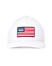 Republic Hat in White, front view featuring a white structured performance cap with a red, white, and navy American flag rubber patch and Straight Down logo on the front panel, with perforated side panels