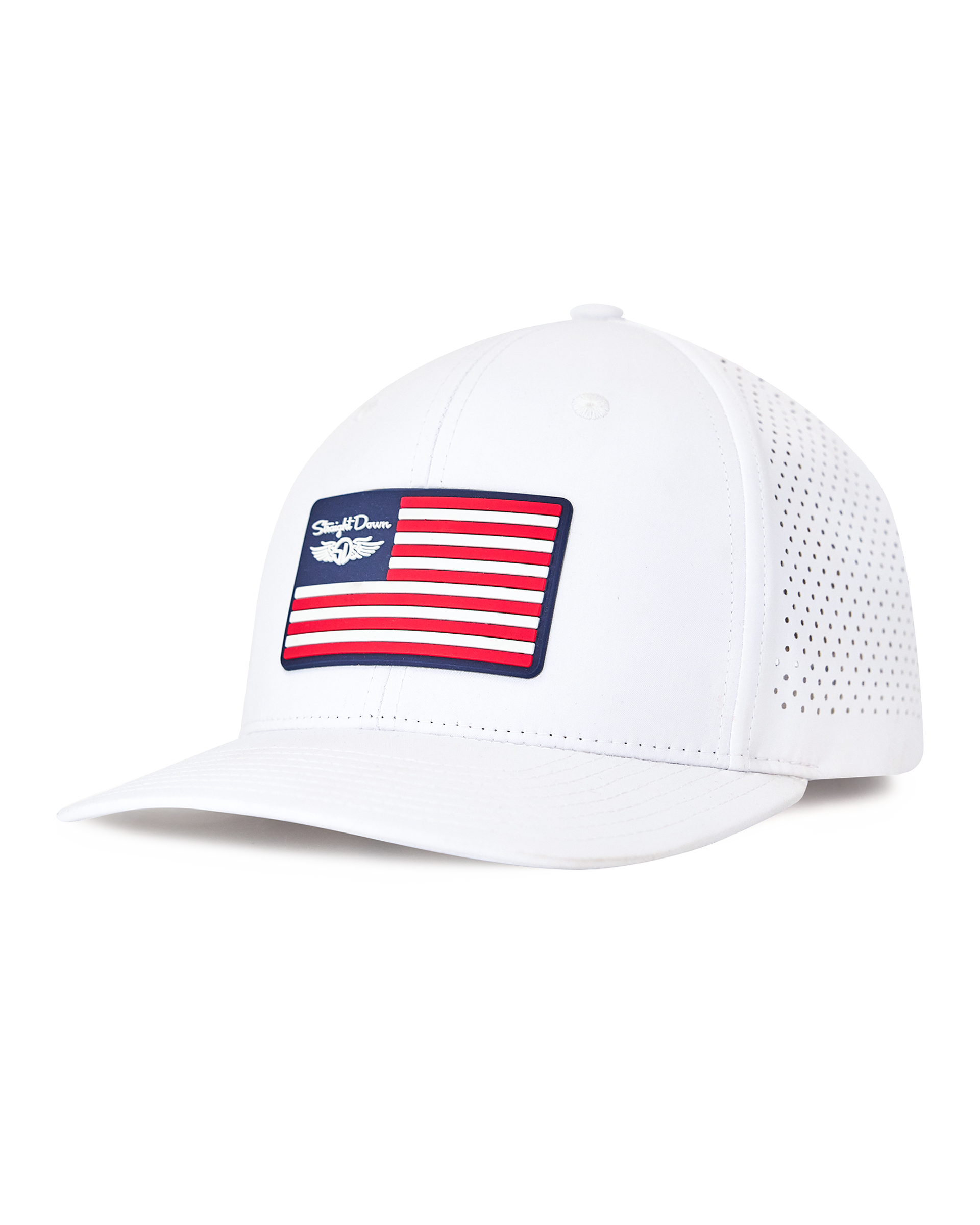 Republic Hat in White, side view featuring a Straight Down American flag rubber patch on a white perforated hat with a structured brim