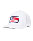 Republic Hat in White, side view featuring a Straight Down American flag rubber patch on a white perforated hat with a structured brim