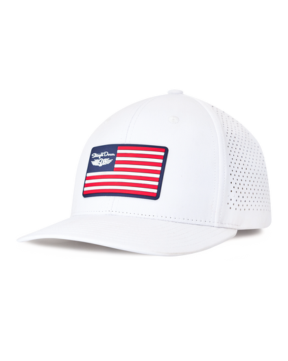 Republic Hat in White, side view featuring a Straight Down American flag rubber patch on a white perforated hat with a structured brim