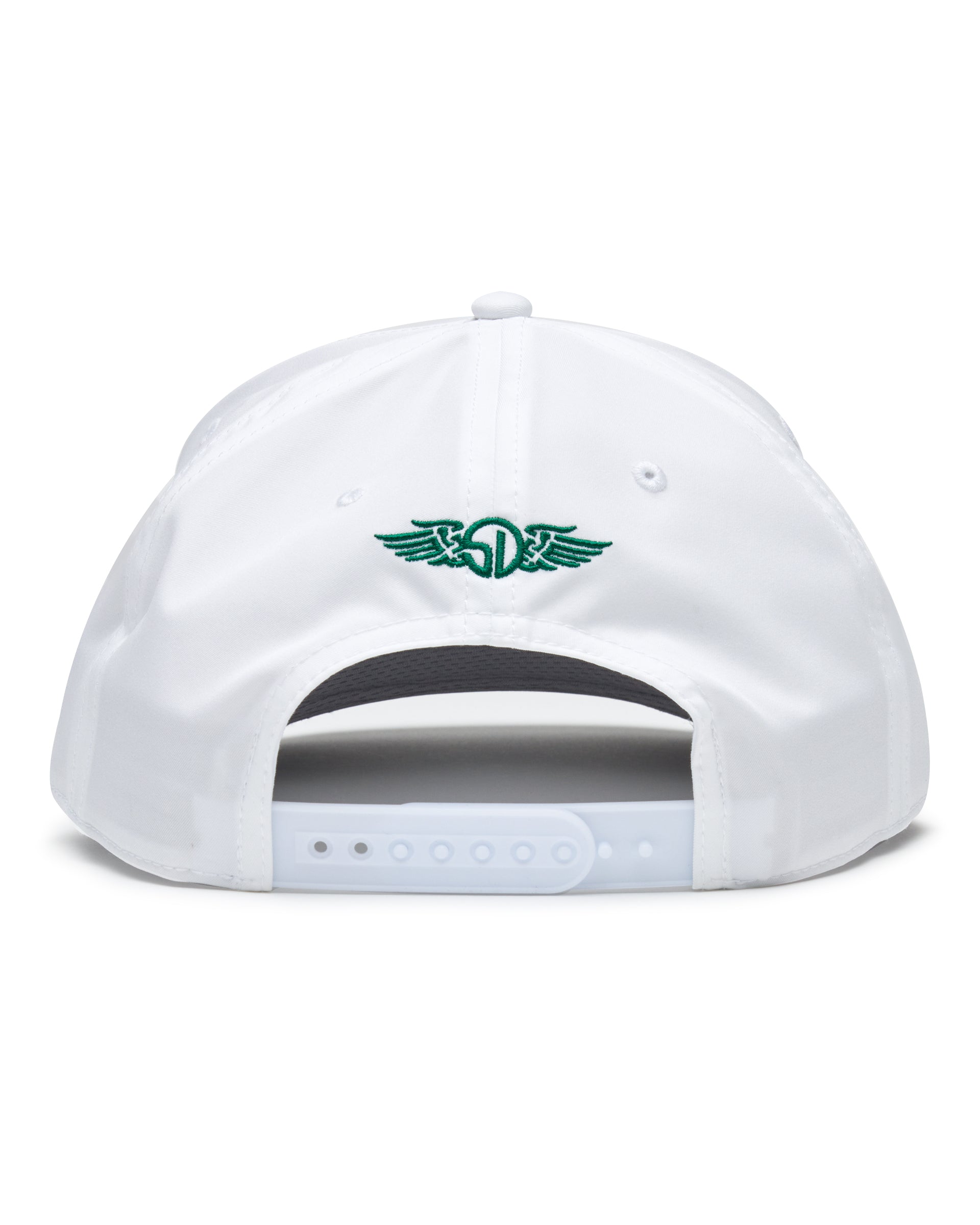 Pin High Rope Hat in White Kelly, back view featuring the Straight Down logo embroidered in green and a snapback closure