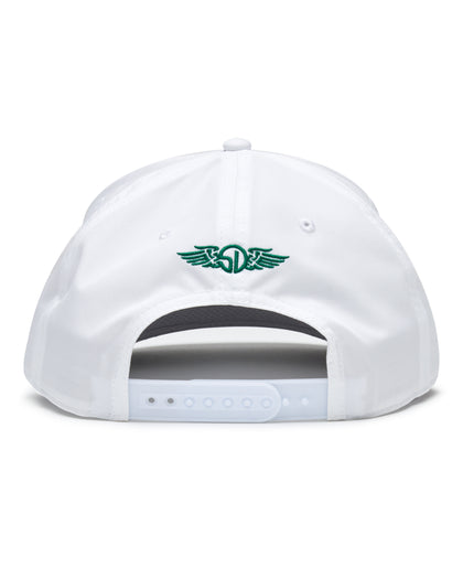 Pin High Rope Hat in White Kelly, back view featuring the Straight Down logo embroidered in green and a snapback closure