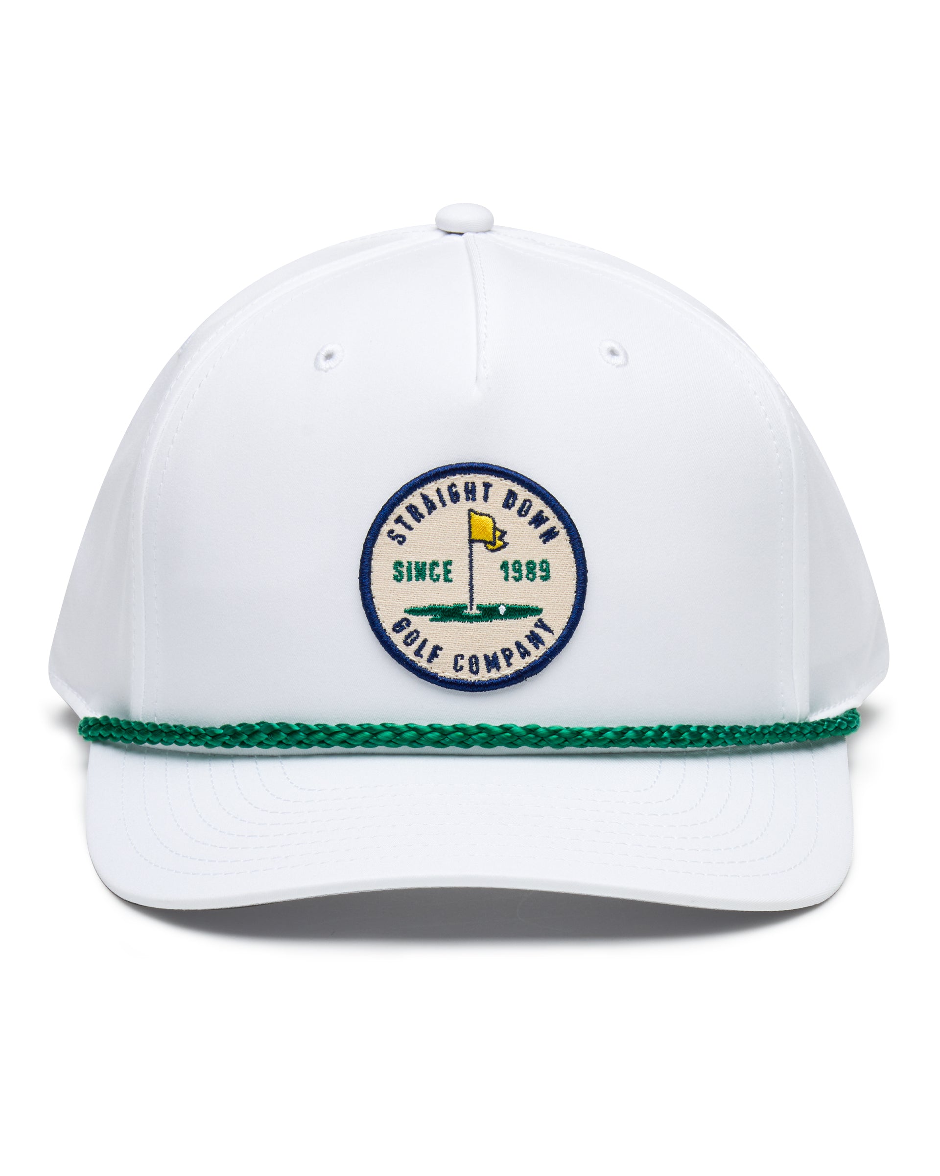 Pin High Rope Hat in White Kelly, front view featuring a Straight Down Golf Company circular patch depicting a golf hole with a yellow flag, 