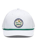 Pin High Rope Hat in White Kelly, front view featuring a Straight Down Golf Company circular patch depicting a golf hole with a yellow flag, "Since 1989" text, on a white hat with a green rope brim detail
