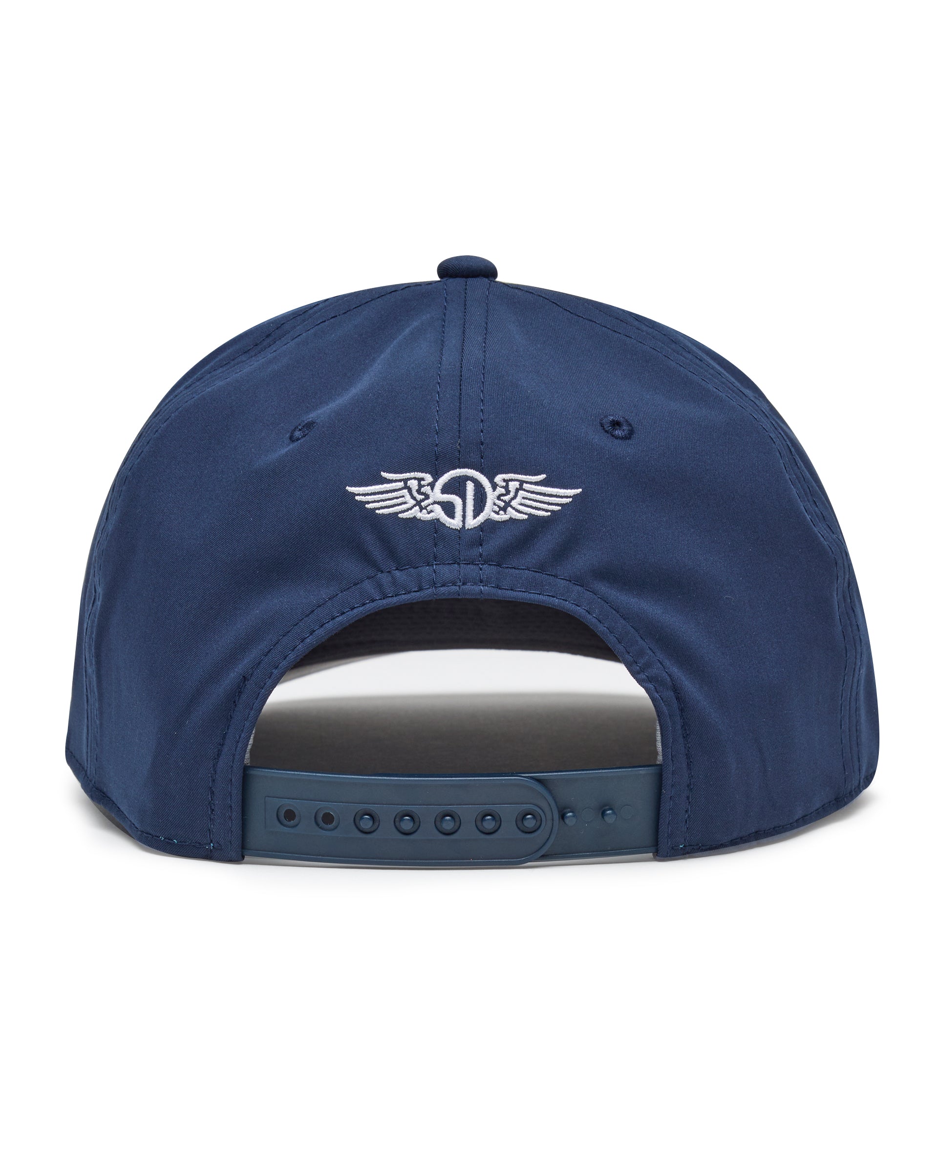 Pin High Rope Hat in Navy, back view featuring the Straight Down logo embroidered in white and a snapback closure